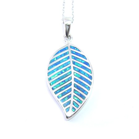 Blue Fire Opal Inlay Leaf Pendant with Chain - Click Image to Close